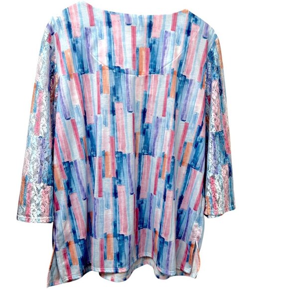ALFRED DUNNER Top Plus Size 1X Pink Blue Brushstrokes 3/4 Lace Sleeve Tunic - Picture 5 of 7